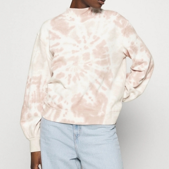 A&F Pink & White Tie Dye Print Mock Neck Turtleneck Balloon Sleeve Sweatshirt - Picture 2 of 9